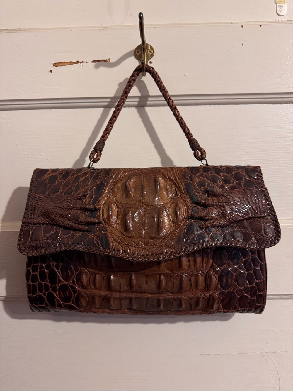 Vintage Brown Crocodile-Embossed Leather Hand Bag